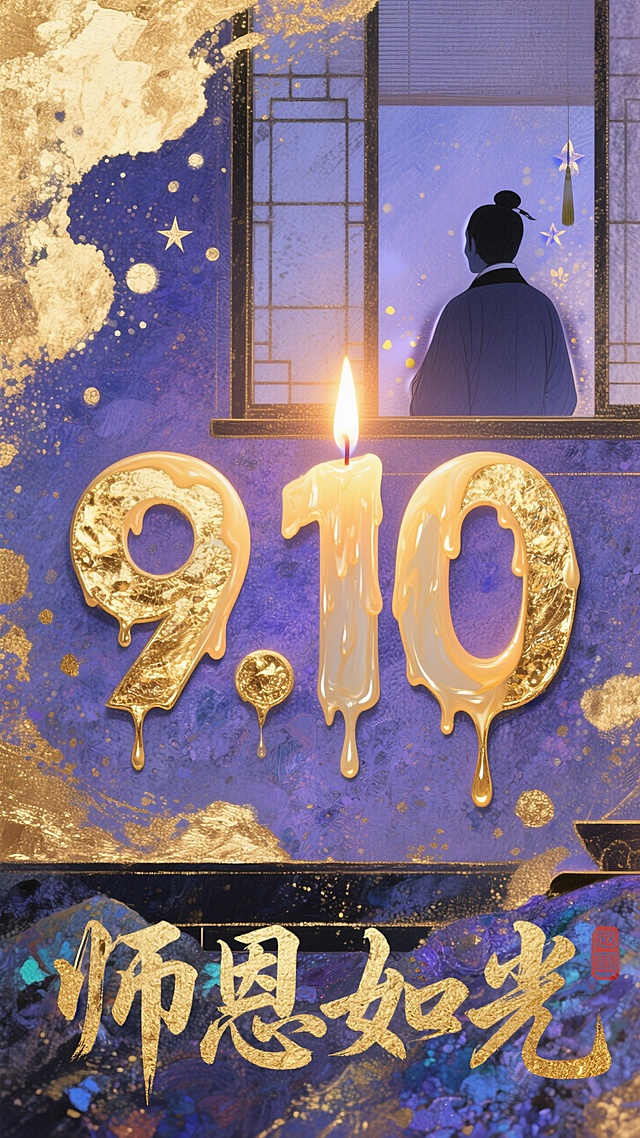 古典中式插画风，剪影人物窗前望月，鎏金数字“9.10”烛光闪烁，师恩如光。