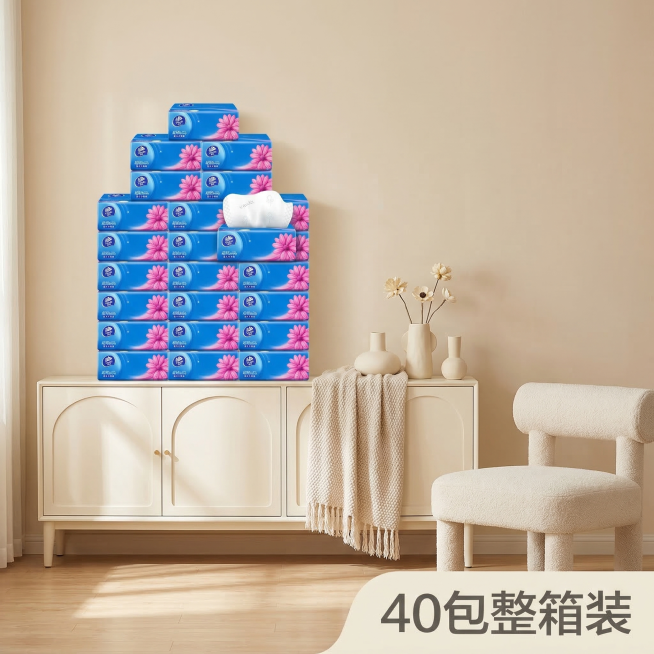 将40包维达超韧纸巾整齐堆放在温馨简约的米色客厅场景中，保持每个产品原有Logo和文字不变，保持产品主体结构不变。整体采用法式奶油风，全屋漫射柔光，低饱和度暖色调，画面明亮通透。添加阳光光斑作为氛围点预览效果