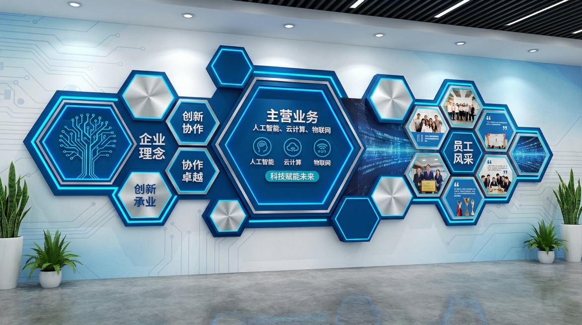 设计蓝色风格的科技公司企业文化墙模板，采用六边形创意布局，包含企业理念、主营业务、员工风采板块，主色调为蓝色搭配少量亮色点缀，现代科技感，立体设计，适合企业办公空间展示，参考图片风格，生成1个不同的模预览效果