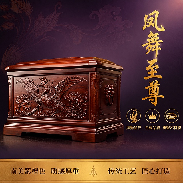 电商主图，骨灰盒产品展示。画面主体为凤舞至尊款式实木骨灰盒，南美紫檀色，正面凤凰浮雕栩栩如生，凤舞九天姿态尊贵，造型至尊大气。产品偏左放置，右侧45度视角，展示正面与右侧面。背景为深紫金色渐变背景，搭配淡色凤尾祥云暗纹，营造至尊高贵氛围。右侧上方竖排产品名称"凤舞至尊"，金色书法字体，尊贵大气。名称下方三个卖点横排："凤舞呈祥"、"至尊品质"、"重蚁木材质"，每个卖点配简约图标。底部通栏深金色条，左侧写"南美紫檀色 质感厚重"，右侧写"传统工艺 匠心打造"。商品主体占画面约65%。商业摄影质感，右侧主光柔和打亮凤纹浮雕，左侧补光均匀，木纹清晰，雕刻立体，整体高清细腻。1:1正方形构图。画面中不要出现任何尺寸数字信息。