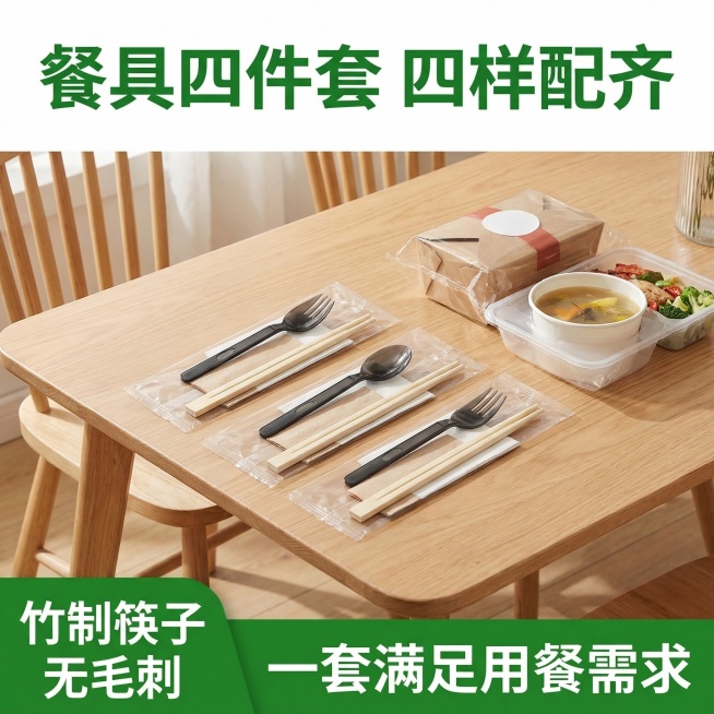 一次性筷子四件套电商主图，1:1比例。顶部核心信息区主标题为“餐具四件套 四样配齐”，绿色粗体字。中部商品展示区居中放置上传的一次性筷子四件套产品，背景是浅色木质餐桌，搭配一份打包好的简餐作为场景衬托预览效果
