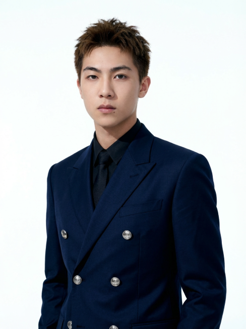  将图一中的人物换成图二深蓝色双排扣西装套装搭配黑色衬衫和黑色领带，背景也改为简约纯白，呈现出正式精致的人像风格。预览效果