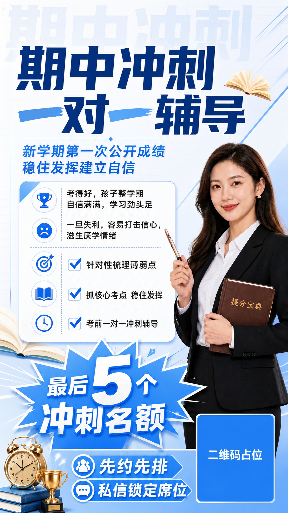 将这张期中冲刺辅导海报的红色背景替换为清爽浅蓝风格。背景改为白… - 图片创意预览