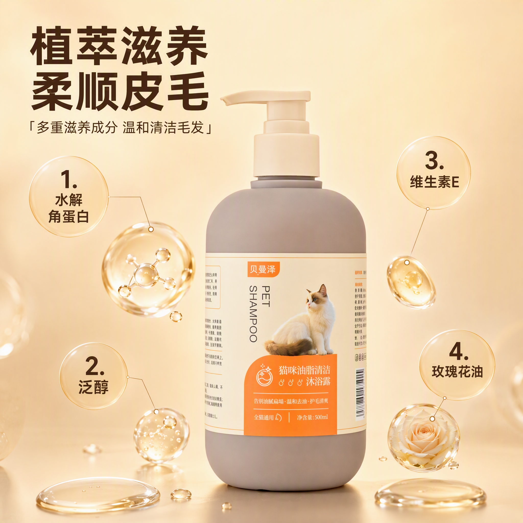 1:1 正方形电商主图，一瓶贝曼泽猫咪油脂清洁沐浴露，哑光浅灰… - 图片创意预览