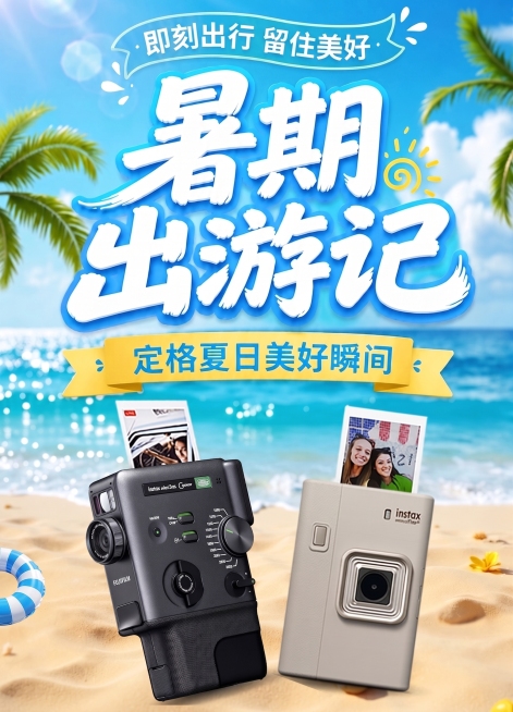 将海报顶部横幅文字‘清凉一夏’改成‘即刻出行 留住美好’，保持原有的字体风格、颜色和整体画面不变，保留原产品和背景，只修改顶部文字预览效果