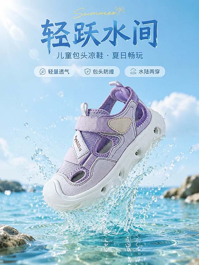 基于上传的儿童紫色包头凉鞋商品图，生成一张3:4竖版商品营销海报。画面中只保留一只鞋子，鞋子呈水中腾空跳跃的动态姿势，从水面向上跃起，鞋底与鞋身带起飞溅的水花与水珠，充满动感与轻盈感。背景为清澈的浅海或溪流水面，有波光、涟漪与水下光影，上方是明亮的夏日天空与柔和阳光，整体氛围清凉、夏日、通透。鞋子100%还原上传商品图的外形、颜色、材质、结构、logo与印刷文字（Mya&Eva），以原图为唯一商品主体来源，紫色网面、白色包头、魔术贴绑带、厚底镂空鞋底等细节均保持一致。画面为写实商业摄影风格，光影柔和自然，水花晶莹剔透，材质质感真实。版式精美，文字放在画面上下负空间，不遮挡鞋子主体。主标题为"轻跃水间"，副标题为"儿童包头凉鞋 · 夏日畅玩"，卖点标签为"轻量透气""包头防撞""水陆两穿"，装饰小字"Summer"。画面中不得出现二维码占位符，不得出现任何二维码图案或方块占位。画面中所有文字信息区域填充完整合理内容，无空白框、无待填写区域。超高清2K画质，商业海报质感。