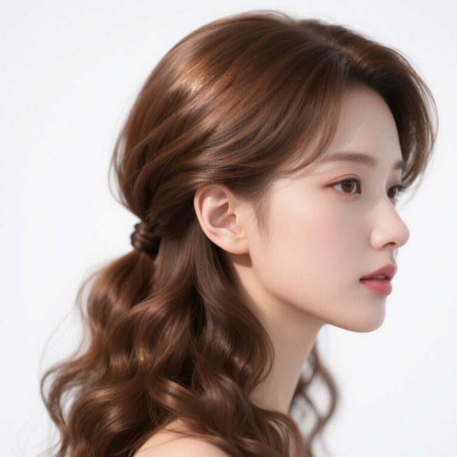 白色背景下，展示女性头部的发型特写，采用3D渲染技术，具有高度写实的质感，头发丝细节清晰可见，发丝顺滑有光泽，光影效果自然柔和，光源从上方照射，顶部头发有明显高光，底部发丝有细腻阴影。整体风格偏向产品展示图，注重头发的形态和材质表现，构图简洁，主体突出，仅保留头部两侧的耳朵部分，无其他多余元素。呈现一款时尚的棕色波浪卷发造型，发丝蓬松自然，卷曲弧度流畅，顶部头发饱满，两侧头发紧贴头皮向后梳理，……预览效果