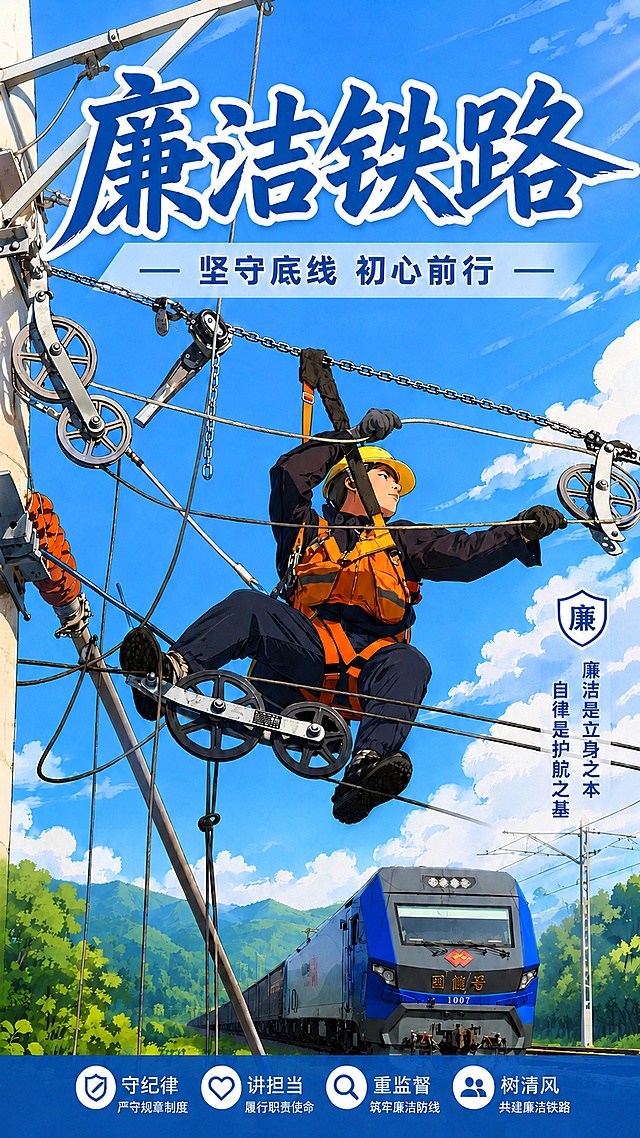 移除背景远处的楼房建筑，替换为连绵青山和茂密树林，保留原有动漫风格，保持所有文案、主体工人和国能号列车以及整体排版不变，整体风格统一自然，画面清晰干净