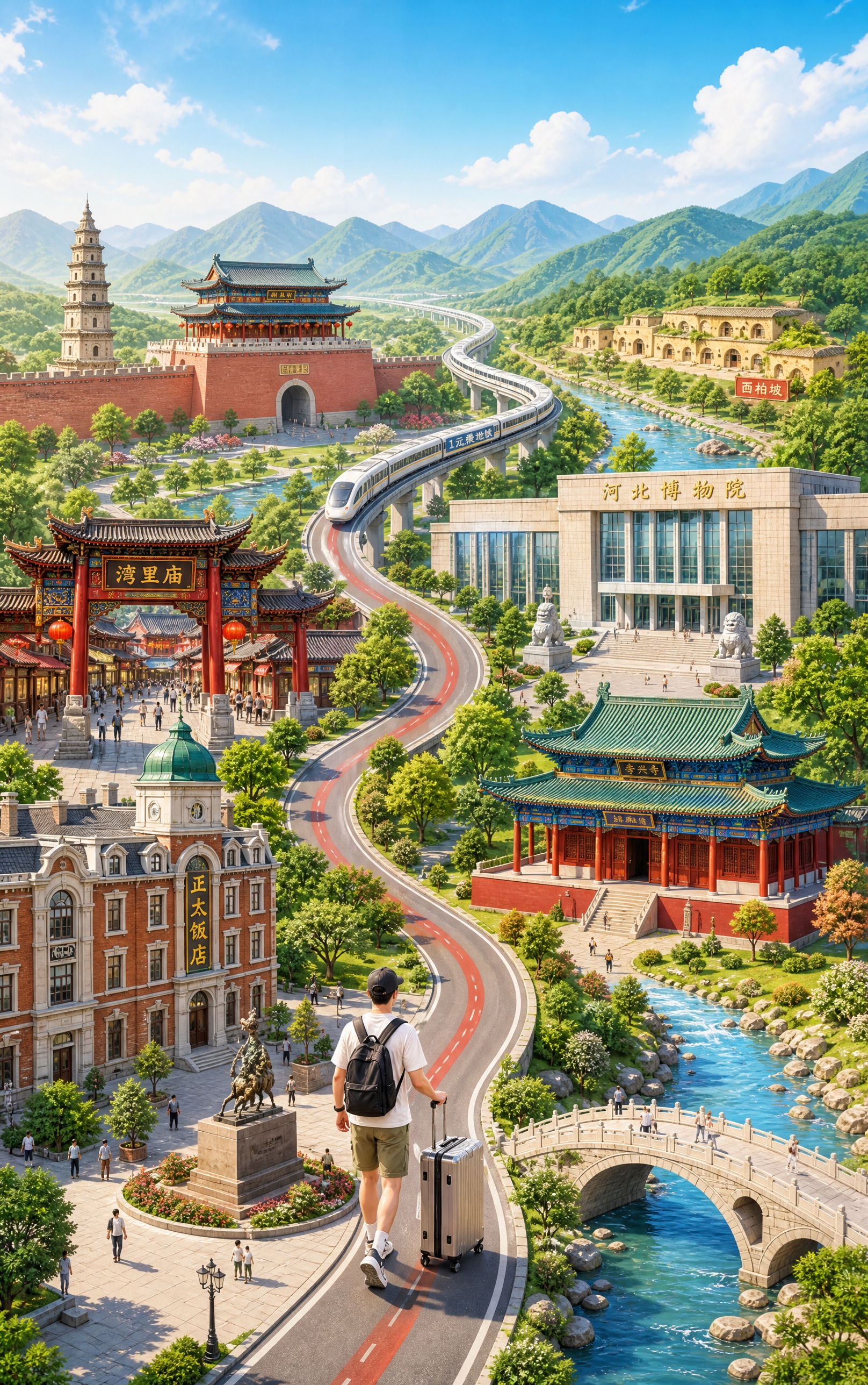 仿照图1苏州地标插画的风格与构图，按照图2草图的元素，绘制一张… - 图片创意预览