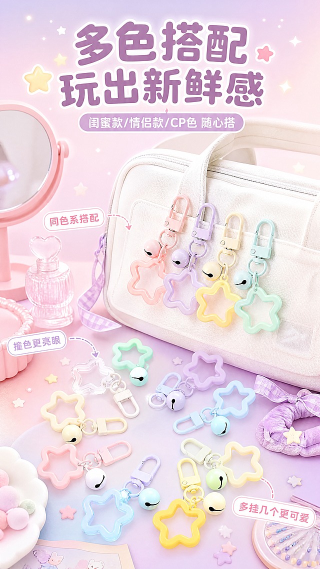 [商品] 使用【图9】马卡龙色系多款门扣铃铛星星挂件环形排列图；保留每款挂件的结构和马卡龙配色，保留环形排列的构图；商品处理：去除原图背景，挂件本身结构、颜色、形状完全保留，增强色彩通透感和整体氛围感。
[画面] 目标：搭配灵感页，展示多色组合和DIY玩法。画面中央是一个白色帆布包/书包的局部，包上挂着3-4个不同颜色的星星挂件作为组合搭配示范。周围环绕散落着多款不同颜色的挂件，营造丰富的选品氛围。背景为粉紫渐变的软萌场景，有桌面、小镜子、发圈等少女心道具点缀，营造梳妆台/书桌场景感。
[视觉] 套系策略：风格=拼多多软萌甜系少女风商业摄影；标题字=圆润粗黑圆角字体；正文字=圆润无衬线体；主色=马卡龙粉+浅紫+奶黄渐变；背景延展=基于马卡龙色系做同色渐变、云朵光斑、星星点缀的软萌背景；强调色=亮粉色，仅用于小面积标签、图标和高亮文字；标题色=深粉紫；正文色=深灰紫；组件=圆角白底信息卡、虚线引线、星星图标；光影=顶部柔光，整体明亮通透。
[文字] 画面顶部主标题"多色搭配 玩出新鲜感"，副标题"闺蜜款/情侣款/CP色 随心搭"。画面中配2-3个小标签："同色系搭配"、"撞色更亮眼"、"多挂几个更可爱"。文字全部横排，不遮挡主体挂件。
[规格] 图片比例9:16竖版，分辨率4K，质量medium。避免变形、错字、文字过小、挂件颜色改变、结构缺失、冷灰背景、工业风元素。