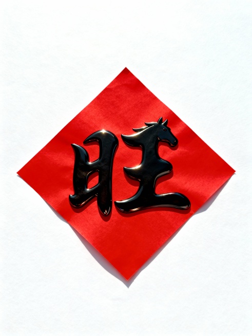 主体是黑色书法 “旺” 字，抽象的马首的形象和旺的结合设计巧妙变形，嵌于正红色菱形背景内。白色背景。完整的菱形红纸，主体周围有留白预览效果