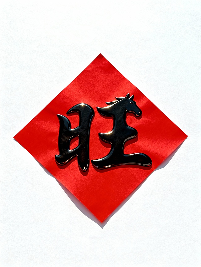 主体是黑色书法 “旺” 字，抽象的马首的形象和旺的结合设计巧妙变形，嵌于正红色菱形背景内。白色背景。完整的菱形红纸，主体周围有留白