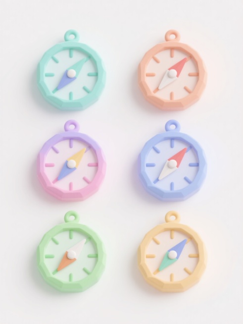6个不同配色、不同样式的卡通风格指南针，保持圆形外壳、顶部小圆钮和经典指针结构，每个指南针拥有独特的外壳与指针色彩搭配，整体呈现圆润可爱的3D低多边形风格，柔和渐变色彩，简洁无纹理的白色背景，所有指南针排列整齐，形成有序的视觉布局，画面干净明快，充满童趣与设计感。预览效果