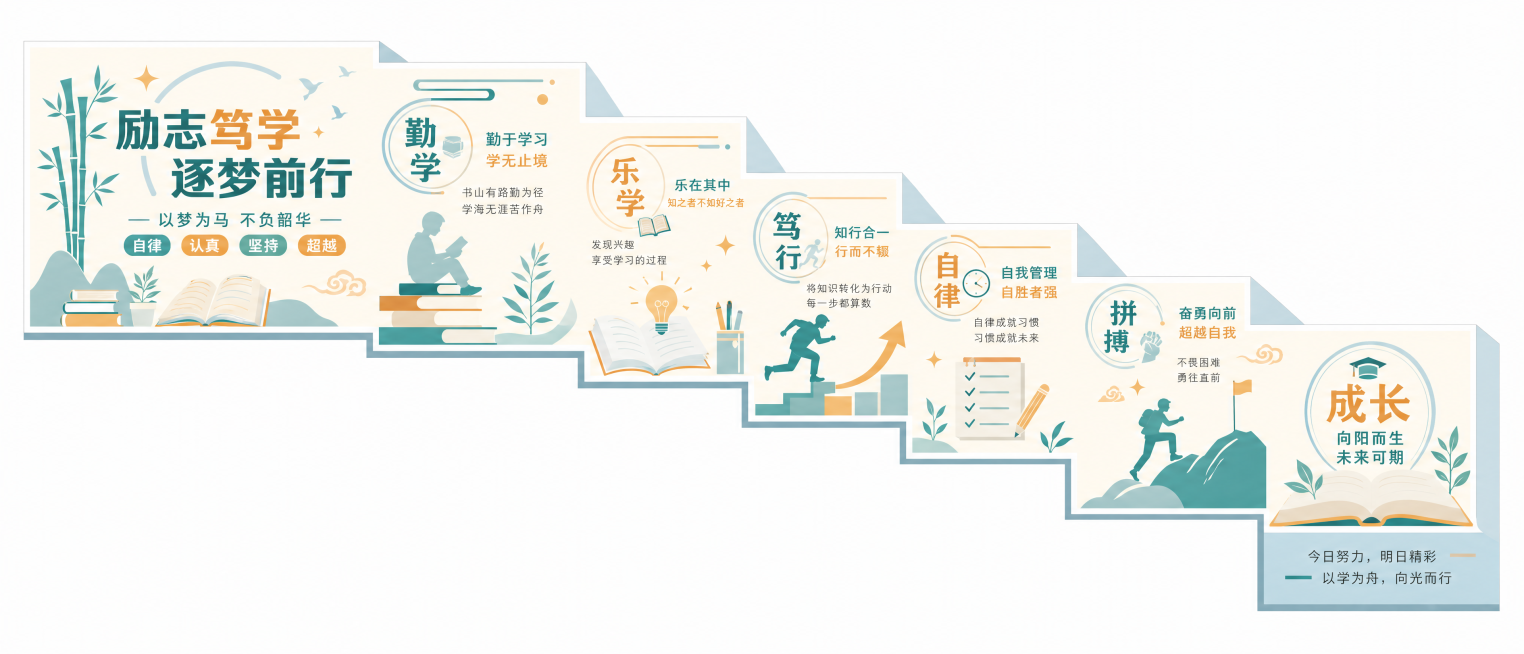 按照参考图片风格，生成一张适合中学楼梯间的校园文化平面矢量图，主题内容为励志学习，使用浅橙青绿色调，图形线条清晰工整，无错别字，阶梯式排版设计预览效果