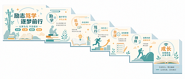 按照参考图片风格，生成一张适合中学楼梯间的校园文化平面矢量图，主题内容为励志学习，使用浅橙青绿色调，图形线条清晰工整，无错别字，阶梯式排版设计