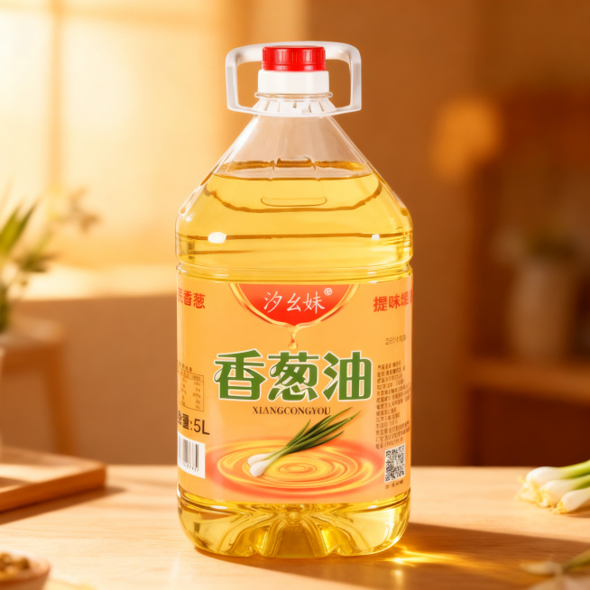 淘宝主图，5L装汐幺妹香葱油，展示葱香浓郁的油体通透质感，暖色调温馨背景，突出产品细节，1:1正方形构图，适配电商平台预览效果