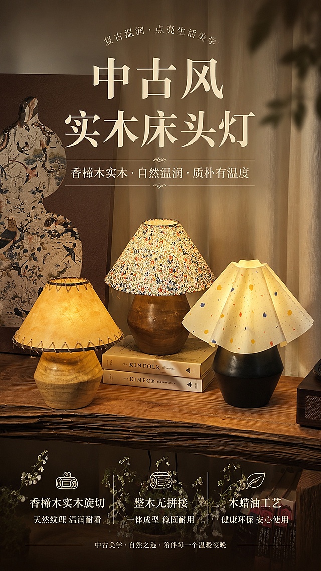 抖音快手9:16中古风实木床头灯详情页首屏，商品名称"中古风实木床头灯"，展示三款床头灯整体，突出香樟木实木质感，卖点：香樟木实木旋切，整木无拼接，木蜡油工艺健康环保