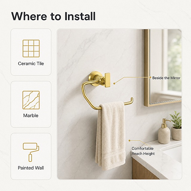 [主图-8] 金色浴室手巾环（Gold Towel Ring）安装位置与墙面适配图，唯一任务是帮助买家判断装在哪种墙面、装在浴室哪个位置，不标注具体打孔间距、承重数值或认证信息。
[统一基调] 现代极简高端卫浴电商信息图：背景主色浅灰米白 #F2F0EB 与白色大理石纹，标题字色深石墨灰 #2E3238，辅助字色中灰 #6B7178，强调色香槟金 #C8A96A；只使用一款无衬线字体，仅字号层级变化，不混用字体、不拉伸压扁；组件统一为 8px 圆角细描边卡片、1px 浅灰描边、细线引线配金色圆点、线性金色小图标。
[画面] 左侧竖排三张等宽卡片，每张用线性金色小图标加英文标签表示一种适配墙面：瓷砖墙 "Ceramic Tile"、大理石墙 "Marble"、乳胶漆墙 "Painted Wall"；右侧一张浴室场景小窗，展示产品安装在镜柜侧墙上的完成态，小窗上用两条细引线分别指向产品与参考高度区，短说明为 "Beside the Mirror"、"Comfortable Reach Height"；产品保持与输入图一致的外观、结构、材质、颜色与比例，安装平整贴合，不新增配件、孔位与受力结构。
[光影质感] 明亮顶侧光，金属香槟金高光干净，墙面与镜柜有自然浅影，产品边缘与墙面自然融合，无硬切边、无白底残留、无悬浮感。
[配色] 沿用浅灰米白与香槟金主色家族，小窗墙面材质色只作环境色。
[文字版式] 标题 "Where to Install" 置左上、字号最大，五个标签字号为标题 50% 以下，全部横排、无逗号、无中文；引线不遮挡主体。
[输出要求] 1:1 正方形，图标与文字清晰；负向：编造数据、错字、标签错位、变形、模糊、水印、平台 Logo、中文内容。