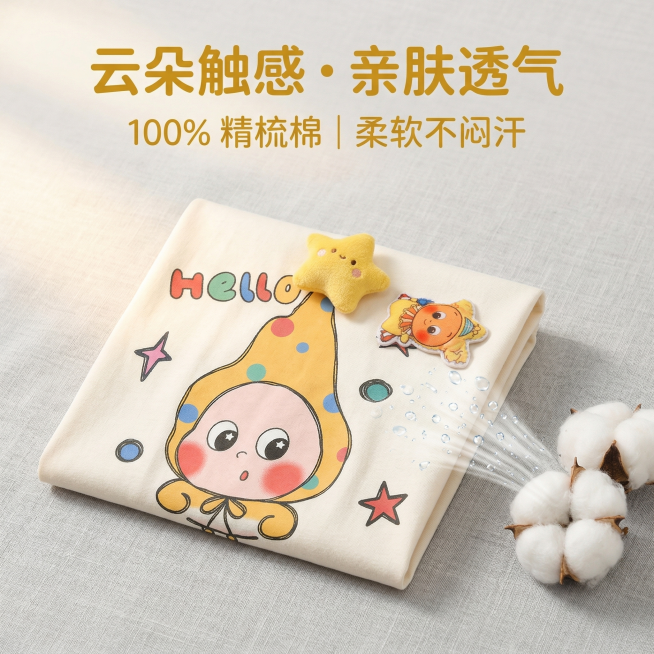 严格还原上传的产品图，包括包装设计、颜色、LOGO位置、文字内容、图案元素等所有细节，产品为米白色儿童短袖T恤，带有立体黄色星星布艺装饰与卡通IP印花图案，画面采用杂志级精致排版，主标题“云朵触感・亲预览效果
