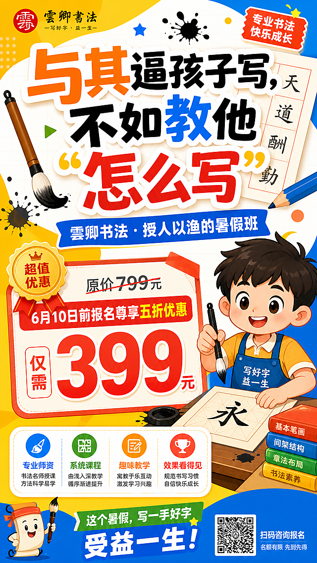 少儿硬笔书法暑假班招生宣传页正面设计，要求主标题醒目、价格优势突出，整体风格活泼鲜艳适合小朋友。包含内容：大标题"与其逼孩子写，不如教他‘怎么写’"，副标题"雲卿书法 · 授人以渔的暑假班"，优惠信息"原价799元 6月10日前报名尊享五折优惠 仅需399元"，字体清晰，色彩明快，适合儿童教育培训风格，排版整洁干净