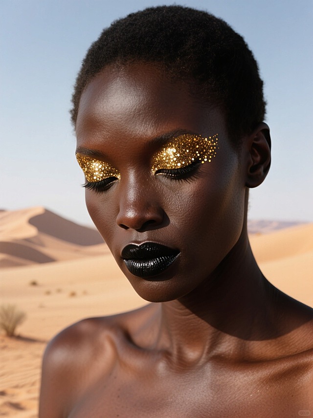 一位长相高级的黑人女性（黑到极致）正脸特写（低眉垂眼），妆容是夸张、艺术感强的金色亮片眼影搭配黑色口红，后面是沙漠。