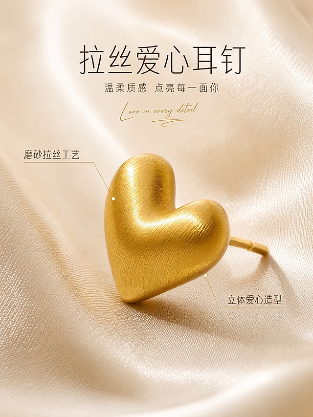 [主图-2] 拉丝爱心耳钉 核心亮点 材质与工艺展示。
[统一基调] 整体风格：高级轻奢精致商业摄影；背景主色：奶油米白+浅香槟金渐变；标题字色：深暖棕；辅助字色：中暖灰；强调色：香槟金；字体样式：纤细优雅无衬线体+小号手写英文装饰；卡片/图标/边框：极细金线、圆角浅底信息卡。
[画面] 金色拉丝爱心耳钉微距特写，主体占画面约65%，单只耳钉斜45度角展示，突出立体爱心的饱满弧度和磨砂拉丝工艺细节。耳钉放置在浅香槟色丝绸面料上，丝绸有自然的褶皱光泽，与金属拉丝质感形成对比。画面左侧有极细引线标注 "磨砂拉丝工艺"，右侧标注 "立体爱心造型"。
[光影质感] 微距珠宝摄影质感，窄条轮廓光勾勒爱心边缘，柔光箱正面补光，拉丝纹理呈现细腻的纵向光泽，金属边缘清晰锐利，表面无指纹无划痕，质感高级。
[配色] 主色奶油米白+香槟金，丝绸浅香槟色与金色耳钉呼应，整体暖调统一。
[文字版式] 左右两侧用极细香槟金引线标注工艺特点，文字为纤细无衬线体，深暖棕色，字号适中，不遮挡耳钉主体。
[输出要求] 比例3:4竖版，2K分辨率，拉丝纹理清晰细腻，金属质感真实，文字清晰可读，无水印无平台Logo。