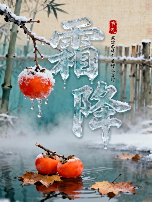 宋代花鸟画风格，画面居中，极细腻的墨笔勾勒被厚重霜晶包裹的朱红柿子，组成冰雕艺术字体“霜降”，字体颜色与背景融合，红色传统印章“节气”，竖排小字“寒霜冬将至 美好正当时”，枝梗悬挂欲坠的冰凌露珠，三两预览效果