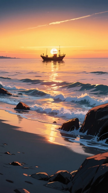 二次元，海边夜晚黄昏，氛围回忆，暖洋色，不要人物，细节丰富，9:16，生成二张预览效果