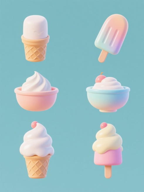 6个完全不同造型的雪糕元素系列素材集合，包含圆筒冰激凌和碗状冰激凌等多种形态，保持3D立体风格，表面光滑带有柔和渐变色彩，统一采用纯色背景，每个雪糕造型独特且细节丰富，整体规整排布形成和谐的视觉效果，展现出清爽可爱的夏日氛围。预览效果