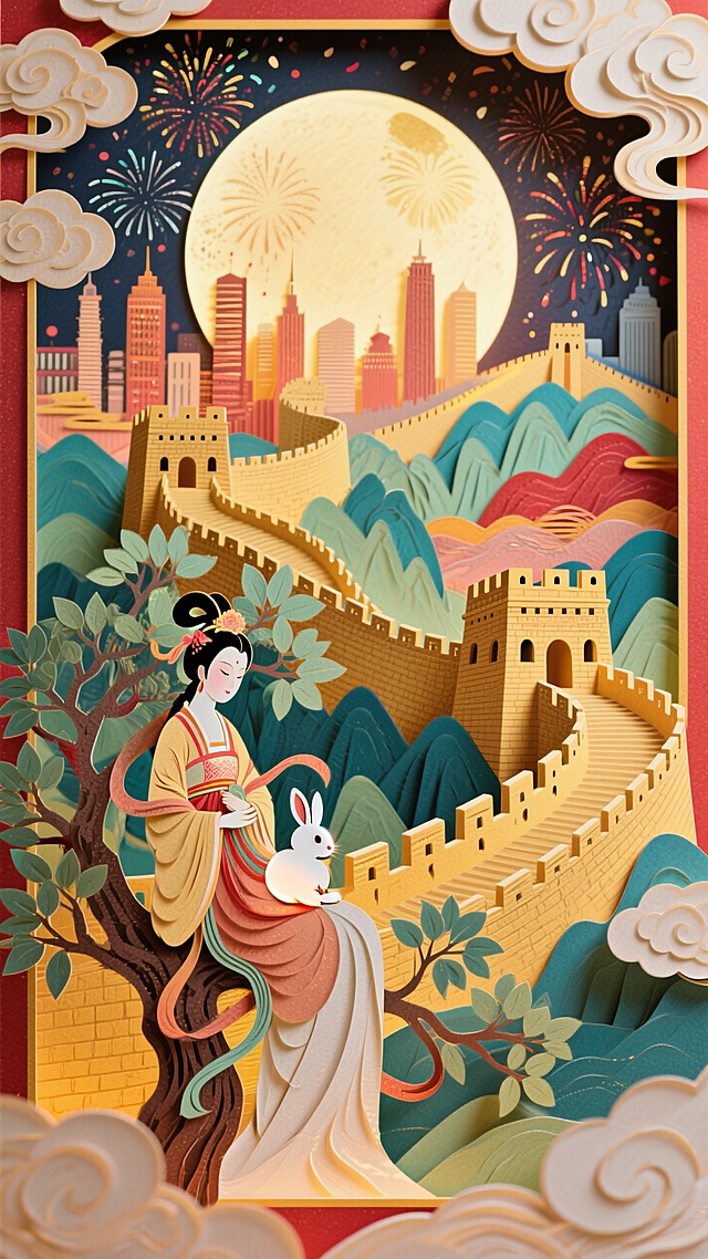 全景构图，近景是嫦娥抱着玉兔的坐在玉桂树上的侧影，中间是蜿蜒雄伟的长城和繁华的城市建筑，背后是圆月和烟花，画面四周祥云环绕，画面整体充满喜庆和华丽，画面呈现喜庆的暖色调