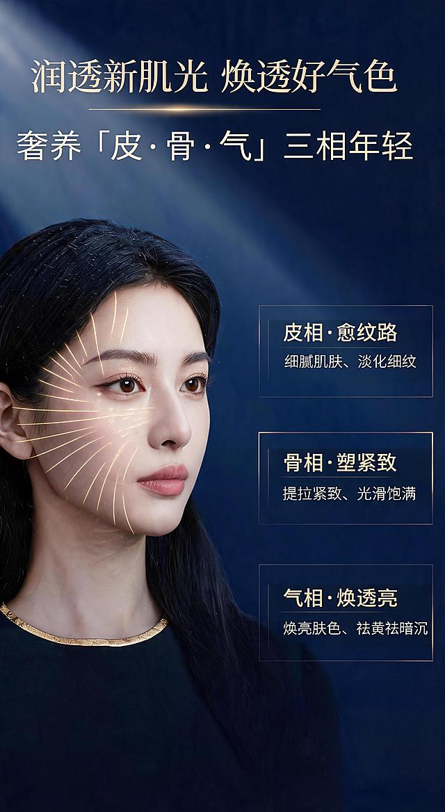 将右侧三个带金色细边框的卖点模块中的标题字体放大，标题文字更大更醒目，保持金色字体和白色说明文字的排版，整体布局不变，其他画面元素保持原样，商业美妆质感，暗金轻奢色调，画质精细。