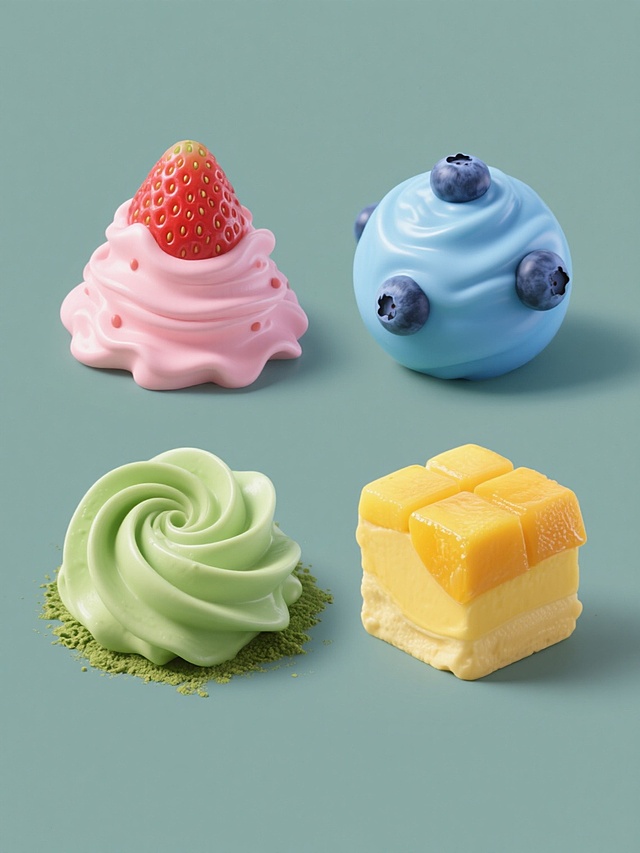 4个完全不同元素内容的系列素材集合，规整排布，每个元素都保持3D渲染的奶油质感，具有光滑细腻的表面、柔和的高光和自然的阴影，整体风格统一。第一个元素是粉色草莓奶油，呈不规则的堆叠状，表面有草莓籽的细节；第二个元素是蓝色蓝莓奶油，形状为圆形的奶油球，表面点缀着蓝莓颗粒；第三个元素是绿色抹茶奶油，呈螺旋状的奶油花，边缘有抹茶粉的痕迹；第四个元素是黄色芒果奶油，为方形的奶油块，表面有芒果果肉的纹理。所有元素都放置在纯色背景上，色彩鲜明，整体画面简洁干净。
