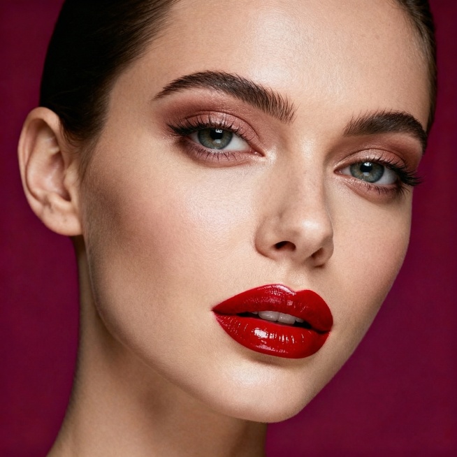 调整这张面部特写，将人物年龄感调整为更年轻，优化面部轮廓让整体更显青春，将神情调整得更加诱惑撩人，保持饱满大红唇、精致五官和暗紫红色背景不变，维持1500×1500像素尺寸，保持高级商业质感和合规要求预览效果
