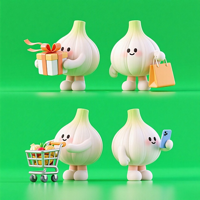 4个同角色不同动作的拟人化的大蒜：1、拿着礼盒，2、拿着购物袋，3、推着购物车，4、拿着手机。绿色背景，上下两行，排列整齐