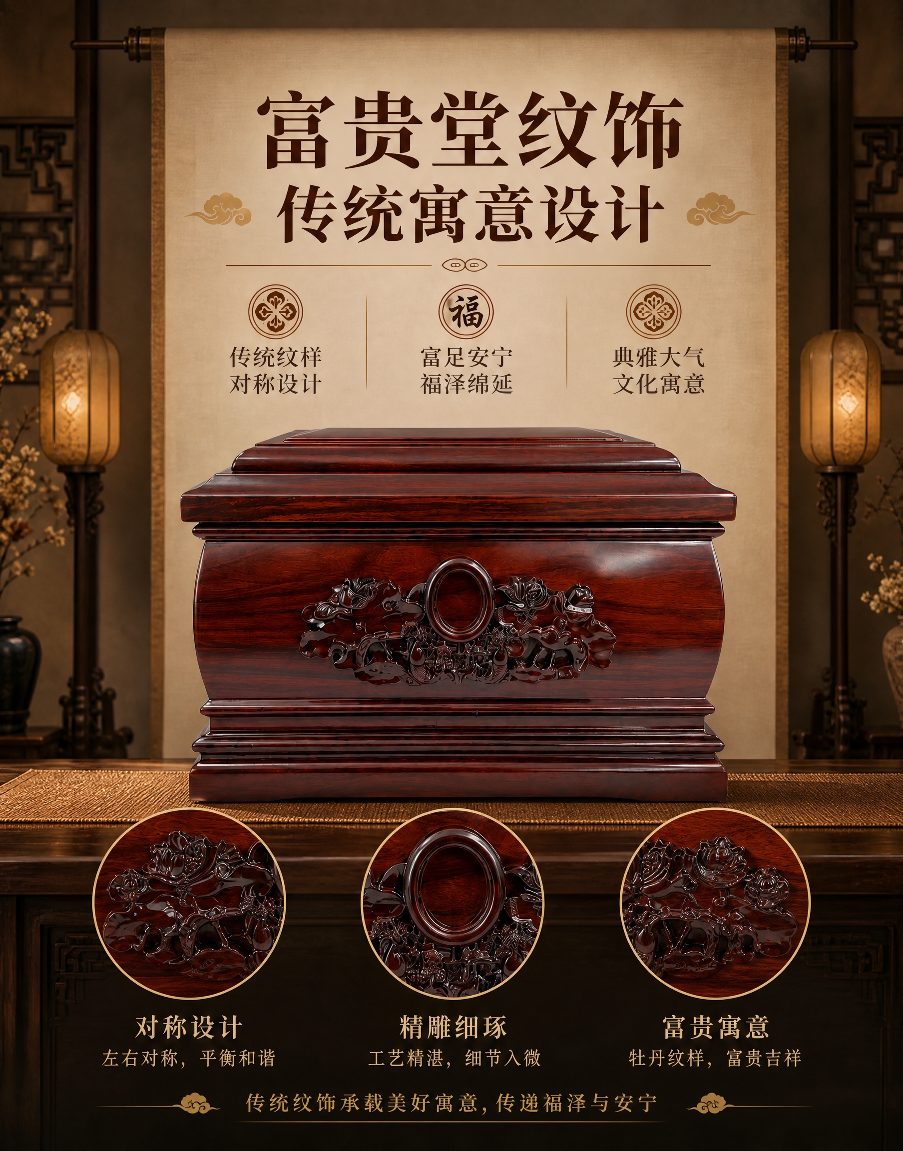 [主图-4] 富贵堂纹饰寓意展示（竖版），突出正面雕刻的传统纹… - 图片创意预览