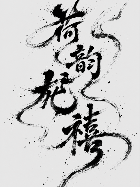 参考参考图片的水墨书法飞白泼墨风格，生成文字“荷韵龙禧”，整体风格比参考图更加夸张，保留毛笔飞白纹理和墨点泼墨效果，黑白水墨书法设计预览效果
