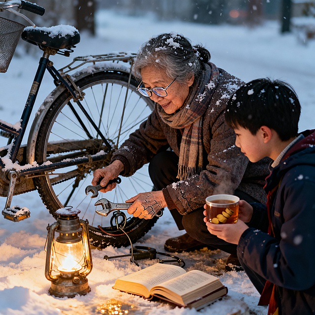 帮我以 “冬日里的一次意外相遇” 为主题创作短篇故事 PPT 的文案，要求情节完整、情感真挚且具有画面感，PPT 文案需分页面呈现，包含标题页、情节发展页、结尾页，整体字数适中。
成品文案
标题页
标题：雪落时的暖光
副标题：冬日里的一次意外相遇
配图提示：飘着细雪的老巷，昏黄路灯晕开暖光
第 1 页：巷口的困境
晚课后的老巷浸在雪雾里，我攥着冻僵的手机 —— 电量彻底清零，自行车还爆了胎。寒风裹着雪粒往领口钻，我蹲在车旁，指尖连解围巾的力气都快没了。
第 2 页：旧书摊的光斑
“要帮忙吗？”
抬眼时，巷口旧书摊的马扎上，坐着裹藏青色围巾的奶奶，手里攥着暖手宝，摊前的台灯把雪粒照得像碎钻。她指了指摊后的热水壶：“先暖暖，我孙子以前总在这修自行车，工具还留着。”
第 3 页：雪地里的修补
奶奶蹲在车旁，老花镜滑到鼻尖，皲裂的手攥着扳手拧螺丝。我捧着热姜茶，看见她围巾角沾了雪，发梢也落了白 —— 原来她的书摊早该收了，却在等晚归的学生避雪。
第 4 页：相遇的余温
车修好时，雪停了。奶奶塞给我一本裹着牛皮纸的旧诗集：“这巷子里的雪，每年都等有人陪它落完。”
后来每个雪天，我都会绕到老巷，要么带杯热奶茶，要么只是蹲在书摊旁，看奶奶把台灯拧得更亮些。