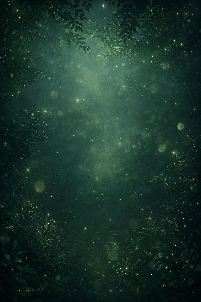 去除图中人物，只保留完整的墨绿色森系背景，带有柔和的光斑和闪烁的光点粒子效果，背景细腻自然，无人物和任何物体残留，整体色调为深邃的墨绿色调，带有朦胧的森林雾气感