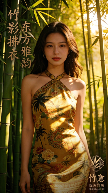 基于这张竹林中的新中式旗袍人像图，添加符合东方美学风格的文案和品牌信息，文案内容为'竹影拂衣 东方雅韵'，品牌信息放置在画面右下角，整体风格与画面的暖金色调、国风氛围协调统一，不破坏原有画面主体预览效果