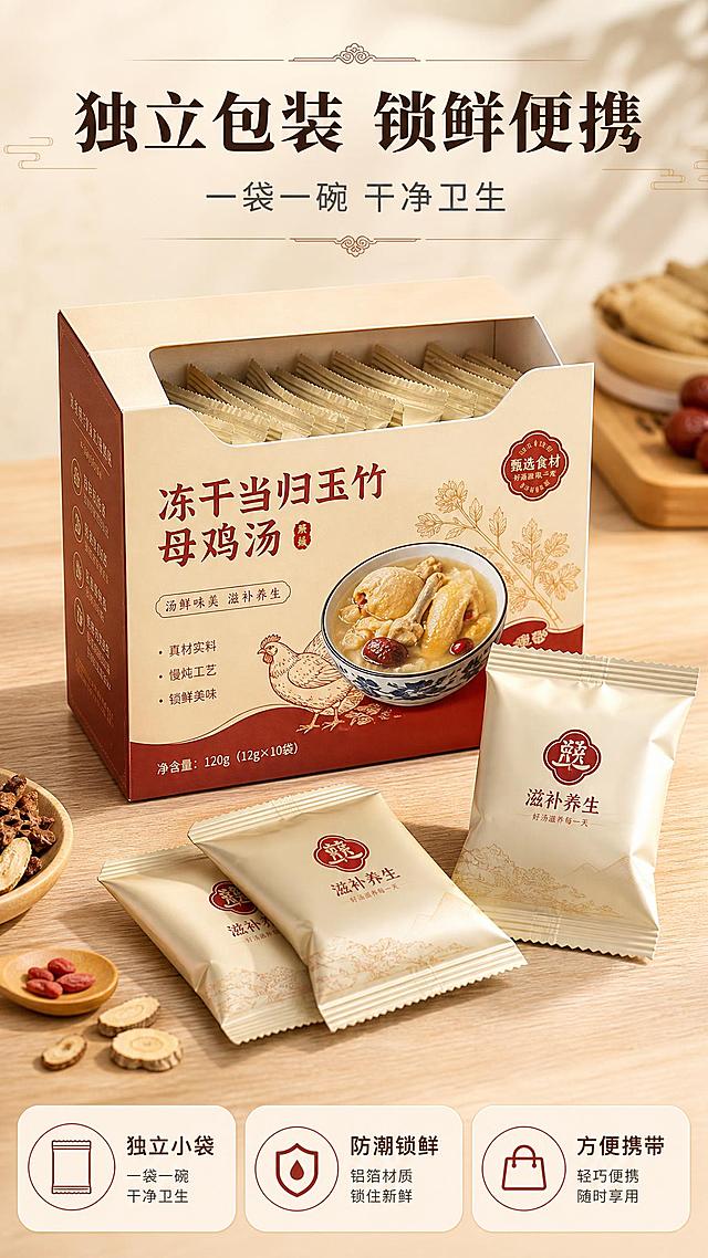 [商品] 包装细节展示页，展示冻干当归玉竹母鸡汤的外包装盒和独立小包装。外包装为中式风格设计，主色调暖米杏+枣红，印有产品名称和鸡汤图案。内袋为独立小包装，铝箔材质，印有产品logo。展示包装的开合方式、独立包装排列、储存便利性。
[画面] 目标：展示包装设计与便携储存优势。构图：包装全家福型，上方约25%为标题区，中间约50%为包装展示区（外包装盒打开，露出里面的独立小包装，旁边散落2-3袋独立包装），下方约25%为包装卖点区。俯拍或45度角拍摄，包装摆放有层次感。背景为浅米色木纹台面，有柔和光影。画面层次：前景独立小包装特写、中景外包装盒、后景虚化背景。
[视觉] 套系策略：风格=中式温馨滋补养生风，高级商业美食摄影；标题字=宋体粗体（衬线体，有传统感）；正文字=简洁无衬线体；主色=暖米杏色；背景延展=基于暖米杏色做深浅层级、同色渐变和细腻宣纸/木纹质感；强调色=枣红色，仅用于小面积图标、引线、标签和重点文字高亮；标题色=深棕褐色；正文色=中暖灰色；组件=圆角浅底信息卡、细线引线、中式纹样装饰条；光影=左前侧暖柔光，柔和阴影，整体暖色调。
[文字] 主标题："独立包装 锁鲜便携"（8字，深棕褐色，大字号，顶部居中）；副标题："一袋一碗 干净卫生"（8字，中暖灰色，主标题下方）；3个包装卖点："独立小袋"、"防潮锁鲜"、"方便携带"（横向排列于下方，配小图标）。所有文字横向排版。
[规格] 图片比例9:16竖版，4K分辨率，负向提示：避免变形、错字、文字过小、冷色调、包装设计过于简陋、绝对化用语。