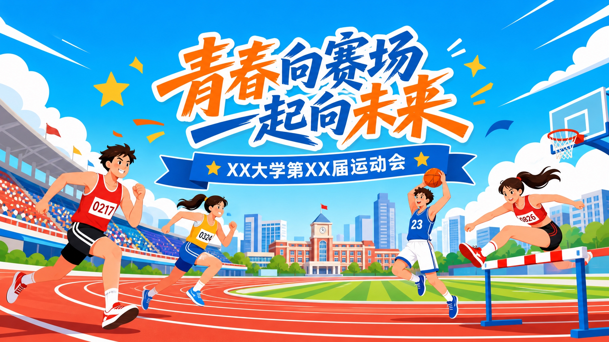 横版宽幅运动会主视觉海报，扁平矢量插画风格，清新明亮配色，蓝天… - 图片创意预览