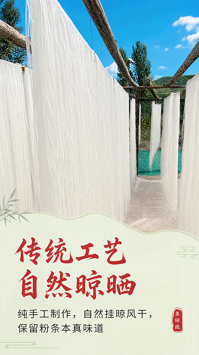 [第3屏] 奎山陈家粉条传统工艺展示屏。
[氛围/风格] 原生态自然晾晒，户外晴朗天气，自然光真实质感，干净通透。
[元素布局] 整张图片用【图3】自然晾晒粉条场景作为主体，大面积展示悬挂晾晒的白色粉条，远山蓝天作为背景，保持原图中木质支架、粉条排列、户外环境的结构和质感。画面下半部分叠加通透信息色块，放置卖点文字，不遮挡核心晾晒场景。
[光影质感] 晴朗日自然光，顺光拍摄，粉条整体受光均匀，呈现自然干燥质感，蓝天色彩明亮，光影层次自然。
[配色色系] 全局底色：#F5F0E6（浅米）；主体配色：#F8F8F8（粉条白）+#348ede（天空蓝）+#5A9641（远山绿）；辅助色保留红、绿点缀。
[视角构图] 实景满铺，文字叠加在下半部分通透浅绿色块上，不影响主体场景观看，符合竖屏浏览。
[文字版式] 顶部大标题「传统工艺 自然晾晒」，红色书法字体，左对齐叠在浅蓝色块上。下方正文「纯手工制作，自然挂晾风干，保留粉条本真味道」，深灰色无衬线字体。全套延续：书法标题+无衬线正文，字色仅红、深灰两种，纯色填充字效。
[比例分辨率] 9:16 竖版比例，4K分辨率，文字清晰可辨。
[负向提示词] 粉条变形，场景错乱，颜色失真，文字遮挡主体，水印，文字模糊