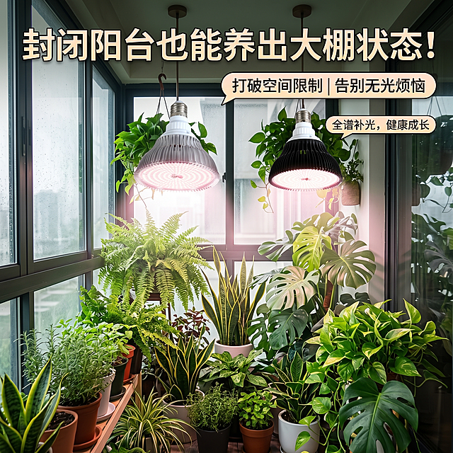 「图片1」，生成一套主图（5张），商品名称是植物补光灯，卖点是E27灯座 色温5000K 照度高 适应植物育苗 7天上色，14天爆盆	给出明确的时间承诺，让用户看到可期待的效果
2	把“豆芽菜”压回“矮肥圆”	针对徒长痛点，用形象化语言描述改变
3	多肉从“绿菜”变“果冻色”	多肉玩家最懂的关键词，精准圈中人群
4	新叶比脸大，老叶不焦边	热植玩家（蔓绿绒、花烛）看了就想下单
5	封闭阳台也能养出大棚状态	打破空间限制，给无光环境用户希望
二、技术专业型（建立信任，说服理性用户）
序号	卖点标题	一句话说明
6	全光谱配方，不止红蓝光	强调与廉价红蓝灯的区别，提升专业感
7	含UV波段，促上色更自然	告诉用户“为什么我的灯能上色”，有科学依据
8	PPFD实测XXX，每一束光都算数	用专业数据说话，区别于光说“很亮”的竞品
9	Ra>95高显色，看植物也看灯	满足对家居颜值有要求的用户
10	灯珠寿命50000小时，能用10年	把耐用性折算成用户能感知的时间
三、安全省心型（打消顾虑，促成下单）
序号	卖点标题	一句话说明
11	低发热不烤叶，贴脸照也安心	回应“灯会不会烫死植物”的担心
12	定时开关，出差也能自动补光	懒人福音，降低使用门槛
13	柔光不刺眼，和家融为一体	区分“植物灯”和“农用灯”，突出家居属性
14	一秒安装，不打孔不布线	消除安装顾虑，租房党友好
15	30天无效包退，3年质保	硬核承诺，打消最后犹豫
四、场景痛点型（精准圈定人群）
序号	场景	卖点话术
16	多肉徒长	“你的多肉不是死了，是缺光了”
17	热植叶小	“叶片变小的真相：光没给够”
18	北向阳台	“北阳台也能拥有春天”
19	办公桌面	“8小时定时，陪你上下班”
20	植物墙/花架	“一盏灯，照亮整面植物墙”「图片1」任意角度照射植物补光，适配淘宝/天猫平台，主图比例为1:1
