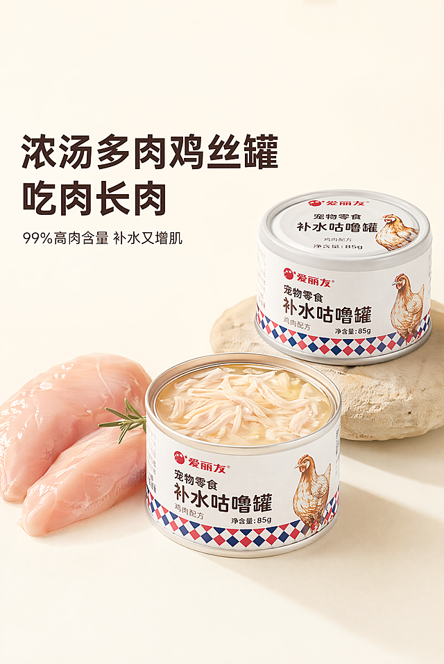 # 爱丽友浓汤鸡丝补水罐电商详情图设计系统提示词（12屏 2:3竖版）
## 第1屏：首屏KV主视觉
2:3竖版电商详情图，严格还原上传的产品图，包括白色罐身设计、爱丽友品牌LOGO、“宠物零食补水咕噜罐”文字、鸡肉图案、罐底红蓝格纹装饰、85g净含量标注等所有细节，产品尺寸比例保持1:1。整体采用简约轻奢-极简留白风+细质轻奢风，全系列风格统一，标题字体统一使用无衬线极简字体，采用大小层级、粗细对比排版。画面采用左文右图布局，左侧为核心标题区，右侧错落摆放完整罐身与开罐鸡丝罐，旁边点缀新鲜生鸡胸肉食材；背景为低饱和浅米色哑光质感，柔和侧光营造高级通透感。主标题：浓汤多肉鸡丝罐 吃肉长肉，副标题：99%高肉含量 补水又增肌，主标题加粗放大突出视觉重心，副标题细体辅助说明，整体留白充足，干净高级，突出产品真实食材质感。

## 第2屏：养猫补水痛点共鸣
2:3竖版电商详情图，严格还原上传的产品图，包括白色罐身设计、爱丽友品牌LOGO、“宠物零食补水咕噜罐”文字、鸡肉图案、罐底红蓝格纹装饰、85g净含量标注等所有细节，产品尺寸比例保持1:1。整体采用简约轻奢-极简留白风+细质轻奢风，全系列风格统一，标题字体统一使用无衬线极简字体，采用大小层级、粗细对比排版。画面上半部分为浅米色背景配痛点文字，下半部分为居家场景里猫咪低头凑近罐头的温柔特写，产品罐身摆放在画面右侧。主标题：告别喝水难 一罐补足每日水分，副标题：鲜炖浓汤 让猫咪主动爱上喝水，文字采用深棕色无衬线字体，上下错落排版，氛围温馨治愈，精准戳中养猫人群补水痛点。

## 第3屏：核心卖点1-高肉含量可视化
2:3竖版电商详情图，严格还原上传的产品图，包括白色罐身设计、爱丽友品牌LOGO、“宠物零食补水咕噜罐”文字、鸡肉图案、罐底红蓝格纹装饰、85g净含量标注等所有细节，产品尺寸比例保持1:1。整体采用简约轻奢-极简留白风+细质轻奢风，全系列风格统一，标题字体统一使用无衬线极简字体，采用大小层级、粗细对比排版。画面中心为电子秤上盛放的纯鸡丝特写，秤面清晰显示22g数值，旁边摆放开罐产品与新鲜鸡胸肉；纯白色哑光背景突出主体，光影柔和凸显肉丝肌理。主标题：每罐含22g纯鸡丝 99%高肉含量，副标题：真材实料 肉眼可见的满满鲜肉，文字居中排列，用直观数据可视化强化高肉卖点，简洁有说服力。

## 第4屏：核心卖点2-零添加纯净配方
2:3竖版电商详情图，严格还原上传的产品图，包括白色罐身设计、爱丽友品牌LOGO、“宠物零食补水咕噜罐”文字、鸡肉图案、罐底红蓝格纹装饰、85g净含量标注等所有细节，产品尺寸比例保持1:1。整体采用简约轻奢-极简留白风+细质轻奢风，全系列风格统一，标题字体统一使用无衬线极简字体，采用大小层级、粗细对比排版。画面采用居中对称布局，产品罐身位于画面下方，上方排列三个极简圆形图标，分别对应“胶、谷物、诱食剂”并标注禁止符号，图标下方配简短文字说明。主标题：0胶0谷0诱食 纯净配方更安心，副标题：拒绝有害添加 猫咪食用更放心，背景为浅米色哑光质感，整体干净清爽，传递安全健康的产品理念。

## 第5屏：核心卖点3-补水增肌长肉
2:3竖版电商详情图，严格还原上传的产品图，包括白色罐身设计、爱丽友品牌LOGO、“宠物零食补水咕噜罐”文字、鸡肉图案、罐底红蓝格纹装饰、85g净含量标注等所有细节，产品尺寸比例保持1:1。整体采用简约轻奢-极简留白风+细质轻奢风，全系列风格统一，标题字体统一使用无衬线极简字体，采用大小层级、粗细对比排版。画面左侧为体态健壮健康的英短猫半身特写，右侧错落摆放产品罐与浓汤鸡丝特写，背景为暖调浅棕色渐变哑光质感。主标题：浓汤多肉 吃肉长肉不虚胖，副标题：补充优质动物蛋白 助力健康增肌，文字排列在画面上方，主标题加粗突出，用猫咪健康体态直观呈现产品功效。

## 第6屏：核心卖点4-低敏单一肉源
2:3竖版电商详情图，严格还原上传的产品图，包括白色罐身设计、爱丽友品牌LOGO、“宠物零食补水咕噜罐”文字、鸡肉图案、罐底红蓝格纹装饰、85g净含量标注等所有细节，产品尺寸比例保持1:1。整体采用简约轻奢-极简留白风+细质轻奢风，全系列风格统一，标题字体统一使用无衬线极简字体，采用大小层级、粗细对比排版。画面中心平铺新鲜鸡胸肉食材，产品罐身斜放在食材上方，纯白色背景突出食材原生质感，柔和顶光展现肉的鲜嫩肌理。主标题：单一鸡胸肉源 低敏呵护玻璃胃，副标题：温和好吸收 幼猫成猫全阶段适用，文字居中排列在画面下方，风格极简干净，强化低敏易吸收的产品优势。

## 第7屏：品控质检信任背书
2:3竖版电商详情图，严格还原上传的产品图，包括白色罐身设计、爱丽友品牌LOGO、“宠物零食补水咕噜罐”文字、鸡肉图案、罐底红蓝格纹装饰、85g净含量标注等所有细节，产品尺寸比例保持1:1。整体采用简约轻奢-极简留白风+细质轻奢风，全系列风格统一，标题字体统一使用无衬线极简字体，采用大小层级、粗细对比排版。画面采用上下分栏布局，上半部分为极简线条绘制的质检流程图标（原料检测、生产管控、成品抽检），下半部分居中摆放产品罐身。主标题：真材实料 批批质检，副标题：严格品控标准 每一口都安全放心，背景为浅灰色哑光质感，整体专业严谨，提升品牌信任感。

## 第8屏：产品口感细节特写
2:3竖版电商详情图，严格还原上传的产品图，包括白色罐身设计、爱丽友品牌LOGO、“宠物零食补水咕噜罐”文字、鸡肉图案、罐底红蓝格纹装饰、85g净含量标注等所有细节，产品尺寸比例保持1:1。整体采用简约轻奢-极简留白风+细质轻奢风，全系列风格统一，标题字体统一使用无衬线极简字体，采用大小层级、粗细对比排版。画面主体为开罐鸡丝的超高清特写，根根鸡丝分明，表面裹着清亮浓汤，光影细腻展现肉丝鲜嫩质感；罐身局部露出在画面角落。主标题：鲜炖细切鸡丝 口感鲜嫩不柴，副标题：细腻好咀嚼 挑食猫咪也爱吃，文字排列在画面底部，用极致细节特写凸显产品口感优势。

## 第9屏：猫咪居家食用场景
2:3竖版电商详情图，严格还原上传的产品图，包括白色罐身设计、爱丽友品牌LOGO、“宠物零食补水咕噜罐”文字、鸡肉图案、罐底红蓝格纹装饰、85g净含量标注等所有细节，产品尺寸比例保持1:1。整体采用简约轻奢-极简留白风+细质轻奢风，全系列风格统一，标题字体统一使用无衬线极简字体，采用大小层级、粗细对比排版。画面为暖光居家场景，原木色地板上摆放着猫碗，碗里盛着鸡丝罐头，一只猫咪正低头进食；背景虚化处理，突出猫咪与产品主体，氛围温馨治愈。主标题：猫咪爱吃的鲜香美味，副标题：开罐即食 日常补水零食好选择，文字排列在画面上方，用真实使用场景增强用户代入感。