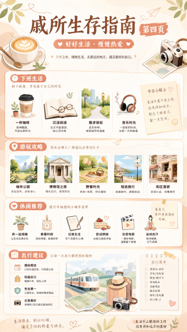 戚所生存指南第四页下班生活和游玩攻略海报，主题休闲生活和出行推荐，分板块排版，风格活泼清晰，浅暖色背景，文字排版工整，版式精美，分辨率4K，竖版9:16预览效果