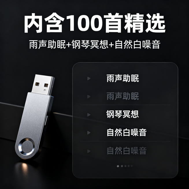 [主图 3] 音乐清单预览主图
[氛围风格] 清晰明了，信息直观，科技简约
[画质] 商业摄影质感、光线柔和通透、产品清晰真实、画面干净高级、超高清
[元素] 左侧放置完整金属U盘主体，占比约40%，预览效果
