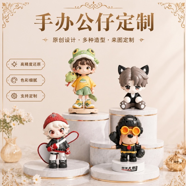 「图片1」「图片1」「图片1」参考图三的版式设计，生成五张不一样公仔的图片，三张另外版式的图片预览效果