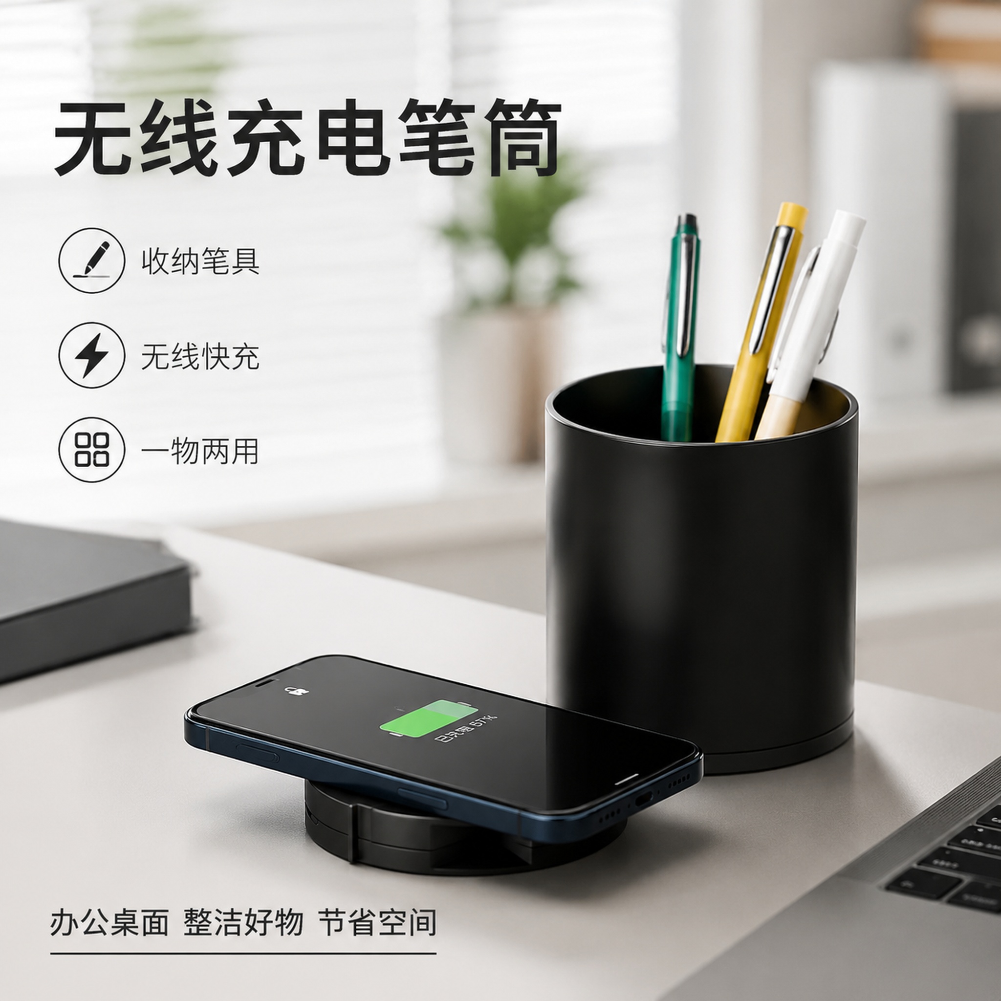生成全新一张1:1比例淘宝无线充电笔筒电商主图，更换为办公场景… - 图片创意预览