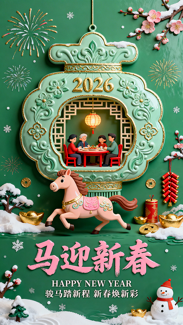 微缩艺术，马年新春海报，喜庆，融合传统新春元素与萌系Q版设计。前景为Q版奔跑姿态马形吉祥物，搭配鞭炮、金元宝装饰；中心主体是巨大浅绿色花灯年字造型（作为场景容器），中式纹样，年字内部嵌入微缩家庭聚餐场景（家人围坐红椅、餐桌，桌上有灯笼），年字带上“2026”金色字与传统花纹；为暖绿色背景（装饰烟花、雪景和雪人、梅花），搭配粉、绿、白新春配色，整体色调柔和明快。醒目书法大字“马迎新春”（笔触灵动的粉色书法体），书法字下方为英文“HAPPY NEW YEAR”+诗句“骏马踏新程 新春焕新彩”（简洁衬线字体）。