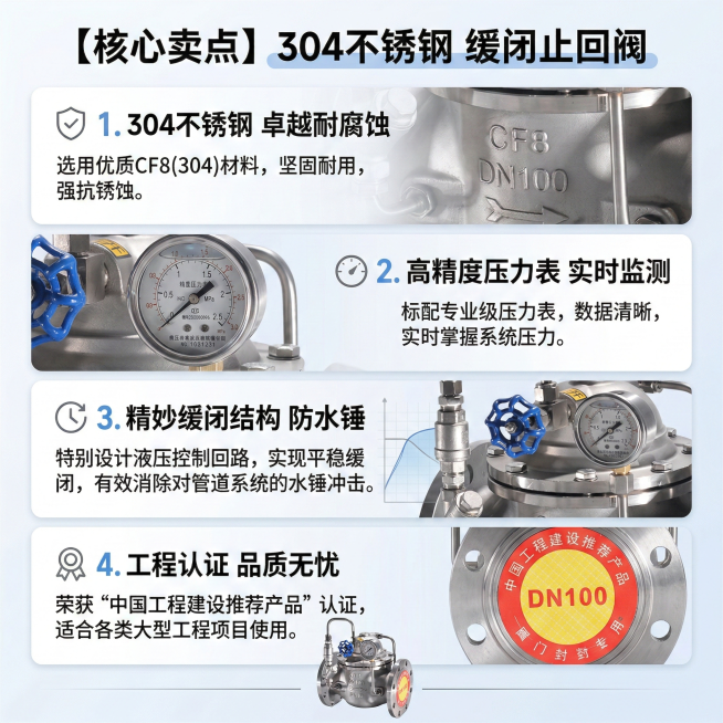 淘宝卖点详情图，聚焦304不锈钢缓闭止回阀核心卖点：1. 304不锈钢材质，耐腐蚀；2. 精准压力表，实时监测；3. 缓闭结构，防水锤；4. 工程认证，品质保障。用简洁的白色背景，分模块展示，每个卖点预览效果